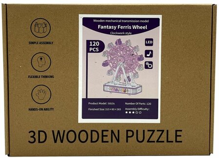 Houten 3D Puzzel - Reuzenrad &ndash; Met Geluid &amp; LED-Verlichting &ndash; Educatief Bouwpakket - 120 Stukjes 