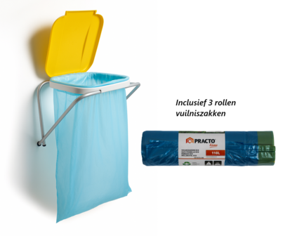 Practo Home &ndash; Vuilniszakhouder Geel - 60-130L Muurbevestiging &ndash; Met 3 Rollen Eco Afvalzakken 110L