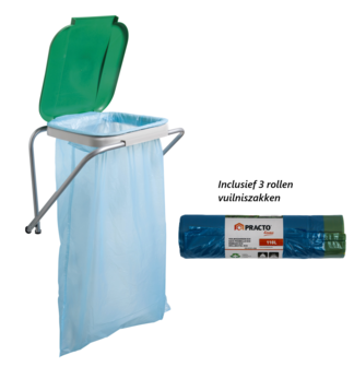 Practo Home &ndash; Vuilniszakhouder Groen - 60-130L Muurbevestiging &ndash; Met 3 Rollen Eco Afvalzakken 110L