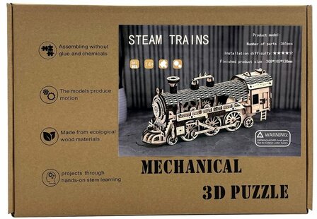 Houten 3D Puzzle Trein &ndash; Houten 3D Puzzel &ndash; 361 Stukjes &ndash; Modelbouw &ndash; Bouwpakket