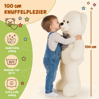 Monzana Knuffelbeer XL - 100cm Staand Pluch - Cr&egrave;me