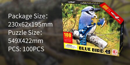 Shaped Puzzel - Dierenpuzzel - Vormpuzzel - Puzzel in de vorm van een Vogel &ndash; Blauwe Vogel- Dieren Puzzel - 100 stukjes - 55 x 42 cm - voor kinderen, volwassenen en ouderen