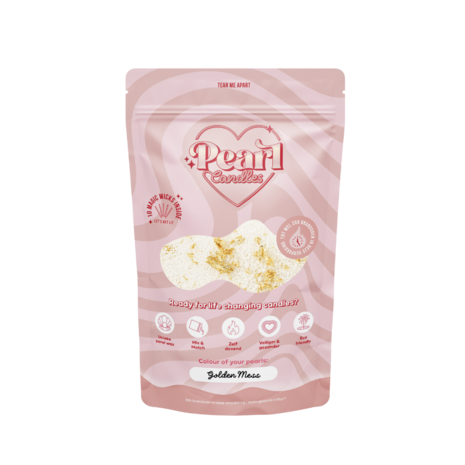 Pearl Candles - Kaarsenzand &ndash; Golden Mess - Zelf theelichtje waxinelichtje maken - Lont inbegrepen &ndash; Wit - Goud - &plusmn;250 / &plusmn;300 Branduren &ndash; 500 g