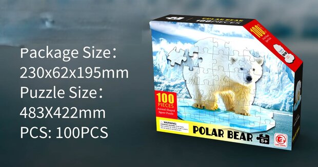 Shaped Puzzel - Dierenpuzzel - Vormpuzzel - Puzzel in de vorm van een ijsbeer - ijsbeerpuzzel - Dieren Puzzel - 100 stukjes - 48 x 42 cm - voor kinderen, volwassenen en ouderen