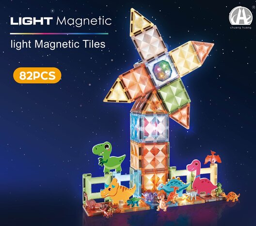 Magnetisch speelgoed met Licht &ndash; Dinosaurs Thema - 82-delige Bouwset