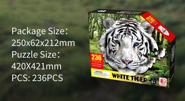 Shaped Puzzel - Dierenpuzzel - Vormpuzzel - Puzzel in de vorm van een White Tiger Kop &ndash; White Tiger - Dieren Puzzel - 236 stukjes &ndash; 42 x 42 cm - voor kinderen, volwassenen en ouderen