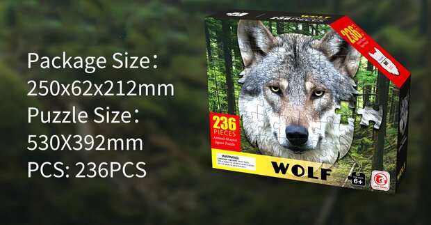 Shaped Puzzel - Dierenpuzzel - Vormpuzzel - Puzzel in de vorm van een Wolf Kop &ndash; Wolf - Dieren Puzzel - 236 stukjes &ndash; 53 x 39 cm - voor kinderen, volwassenen en ouderen