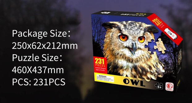 Shaped Puzzel - Dierenpuzzel - Vormpuzzel - Puzzel in de vorm van een Uilen kop &ndash; Uil - Dieren Puzzel - 231 stukjes &ndash; 46 x 44 cm - voor kinderen, volwassenen en ouderen